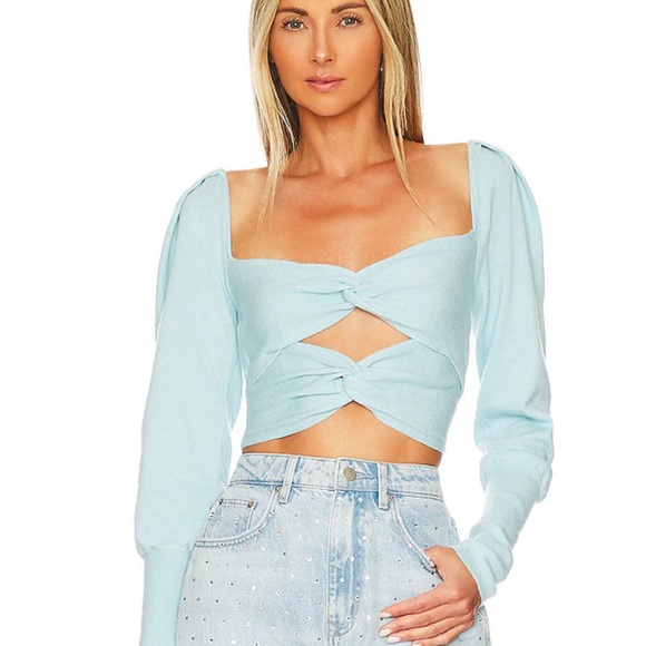 LPA Ayla Wool Knit Cutout Twist Detail Long Fitted Sleeve Scoopneck Top